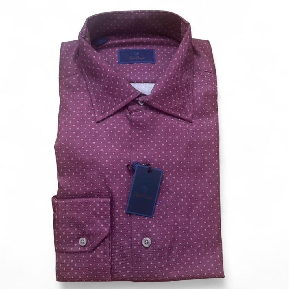 NWT David Donahue Merlot/burgundy printed cotton button up shirt.  Size M.